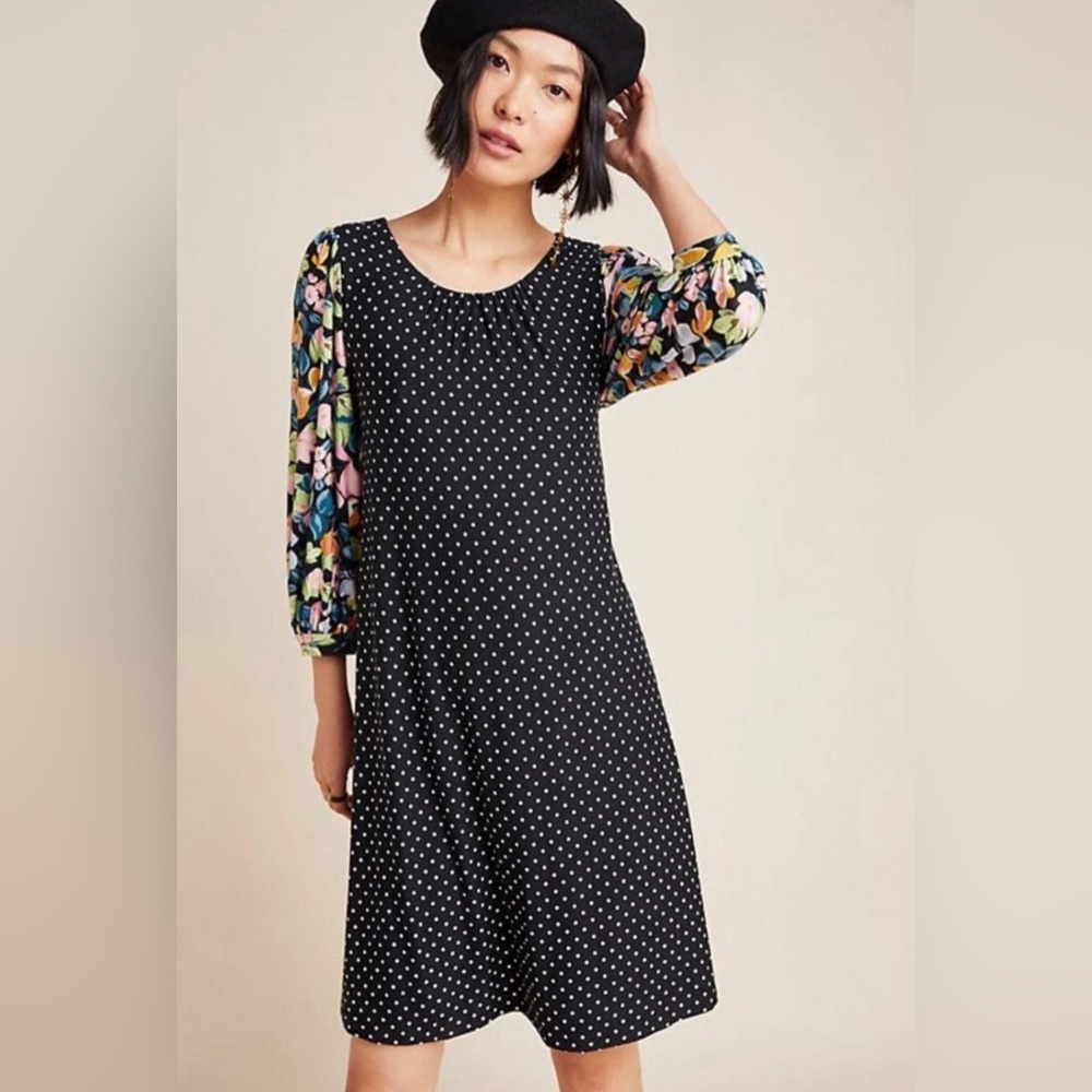 Anthropologie Maeve Sawyer Floral Sleeves Polka Dot Dress - M - Worn 1 Time